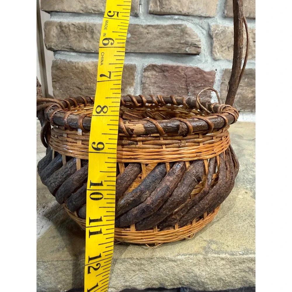 Rustic Handwoven Grapevine and Wicker Basket with‎ Natural Branch Handle Brown